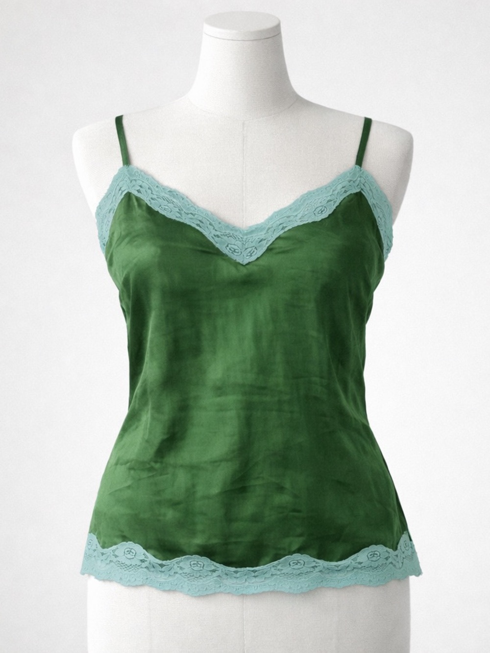 Vtg Y2K Gold Hawk Silk Lace Luxe Cami Green Aqua Mermaid Coquette M